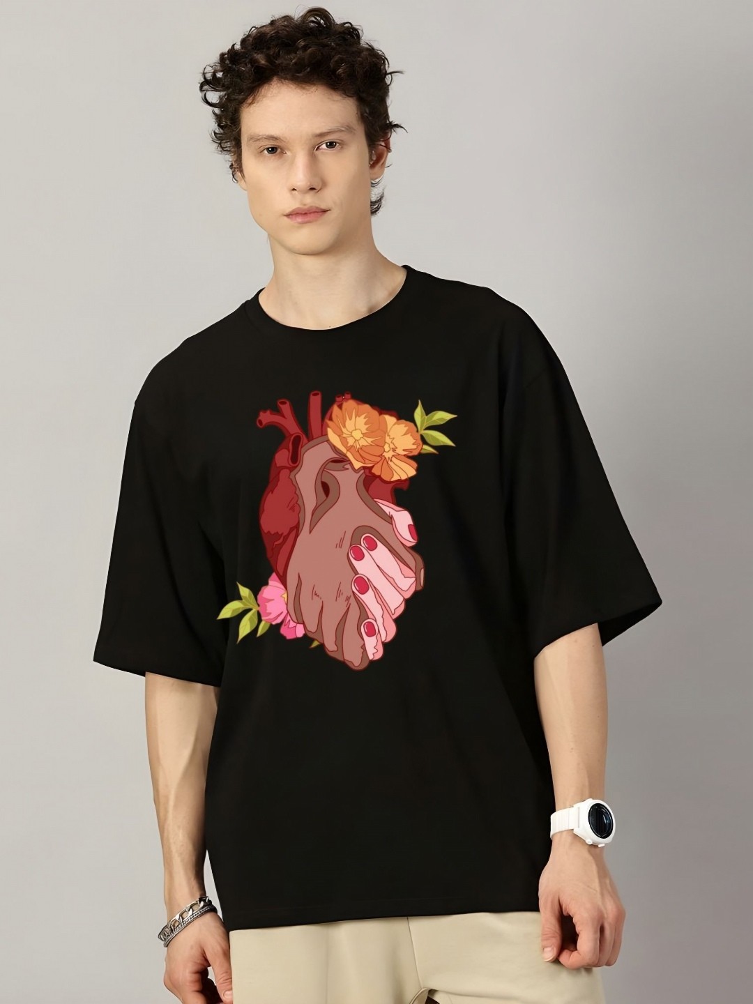 

Krimmple Men Floral Printed Round Neck Cotton Oversized T-shirt, Black