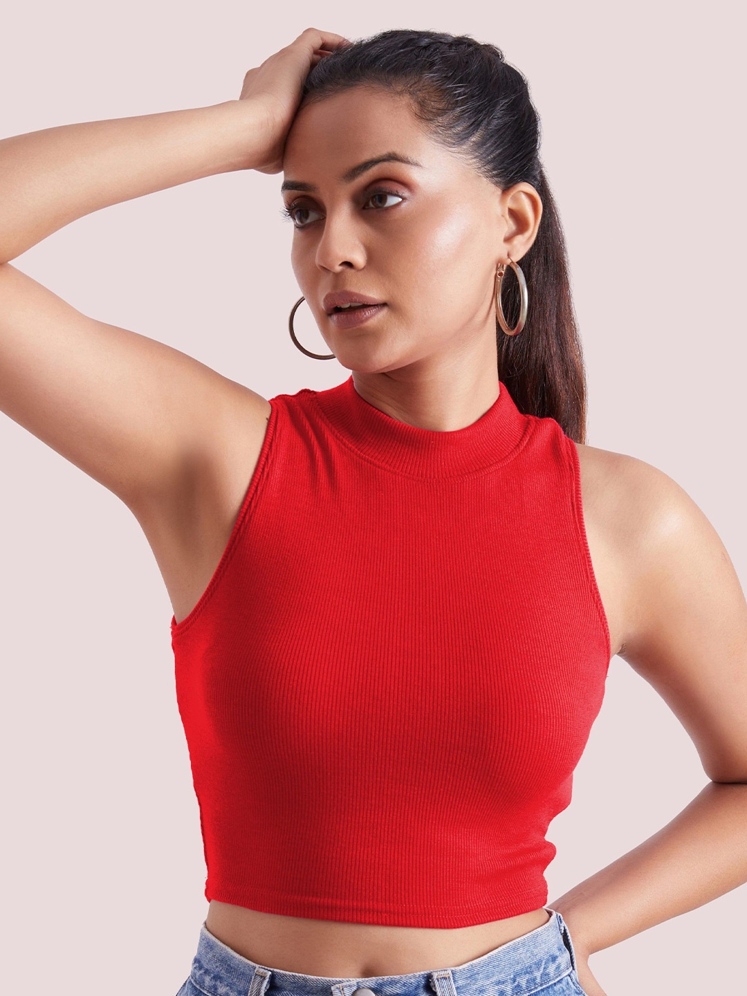 

BerryBird Women Ribbed High Neck Sleeveless Knitted Cotton Tank Crop Top, Red