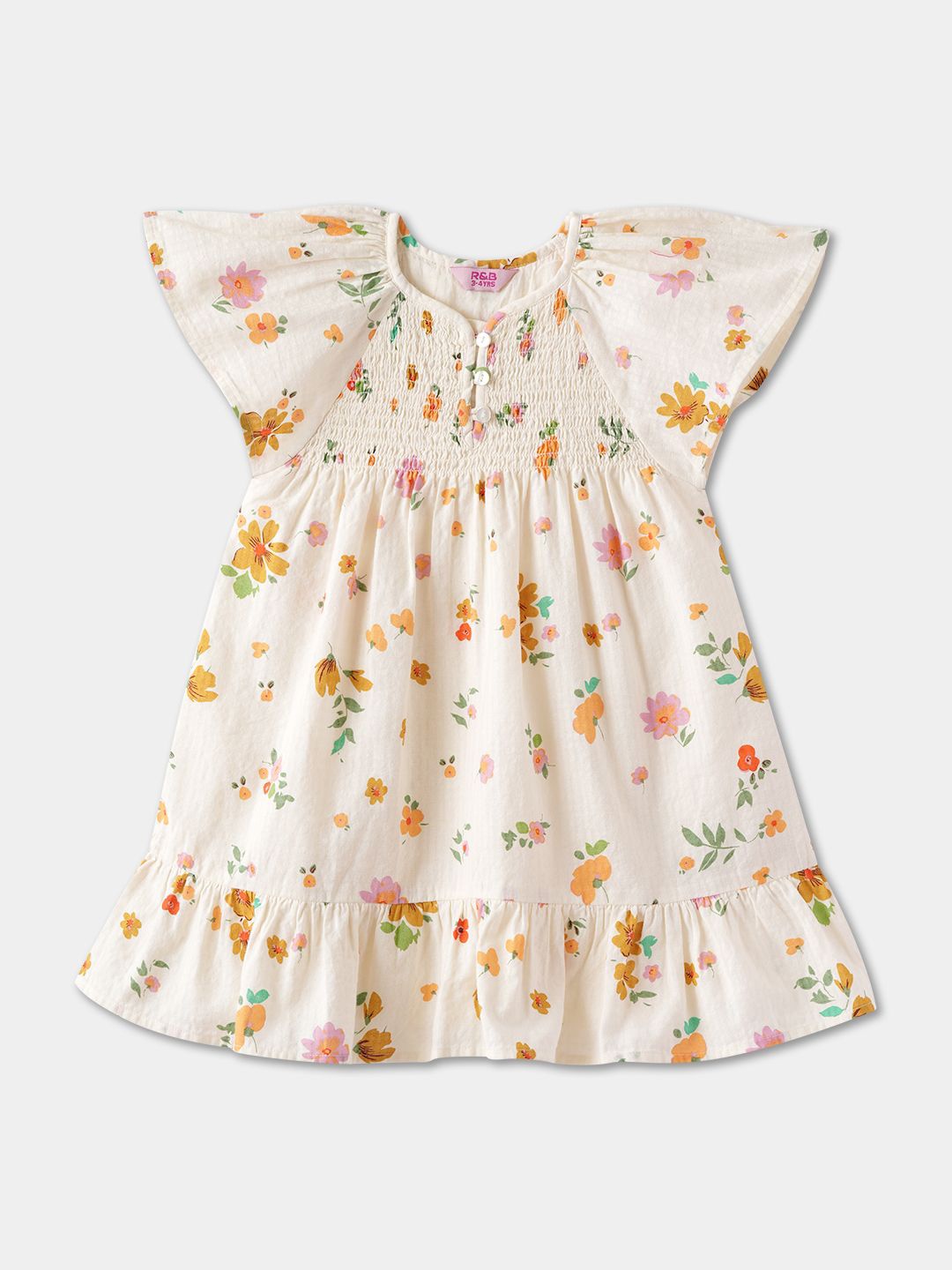 

R&B Girls Cotton Floral Printed Flutter Sleeve A-Line Dress, White