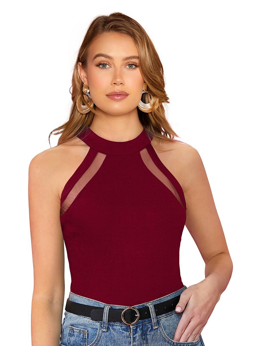 

S.K.C Net Detail Top, Maroon