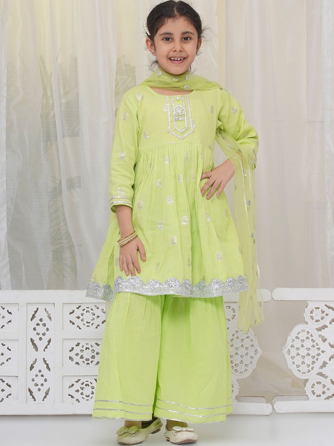 

Little Bansi Girls Floral Woven Design Pleated Pure Cotton Kurta with Sharara & Dupatta, Green