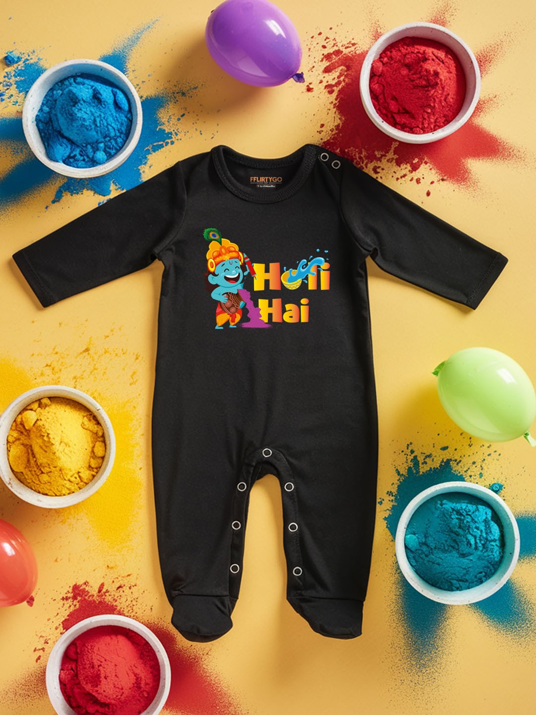 

FFLIRTYGO Infants Holi Printed Cotton Sleepsuit, Black