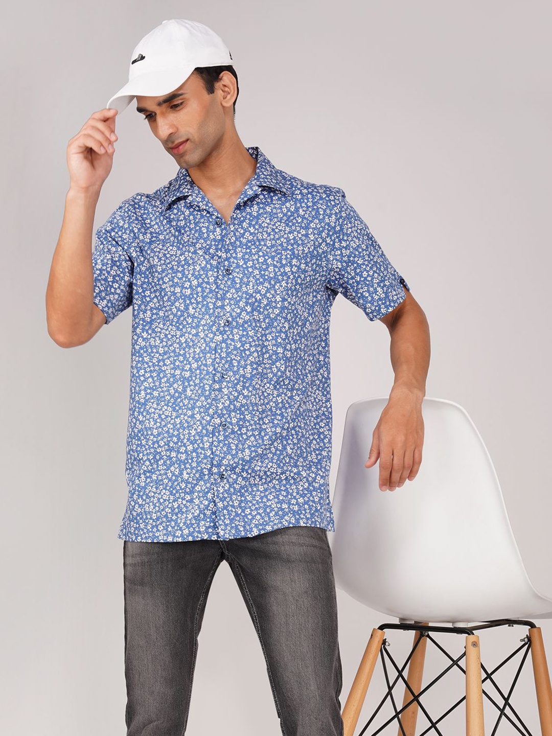 

FASHION FORMAL Men Classic Fit Cuban Collar Floral Printed Cotton Casual Shirt, Blue