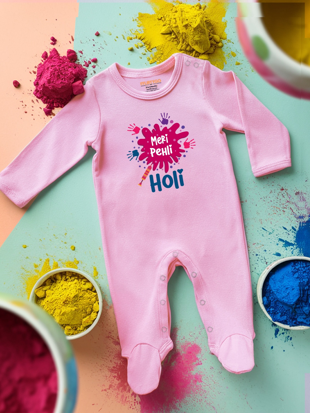 

FFLIRTYGO Infants Holi Printed Cotton Sleepsuit, Pink