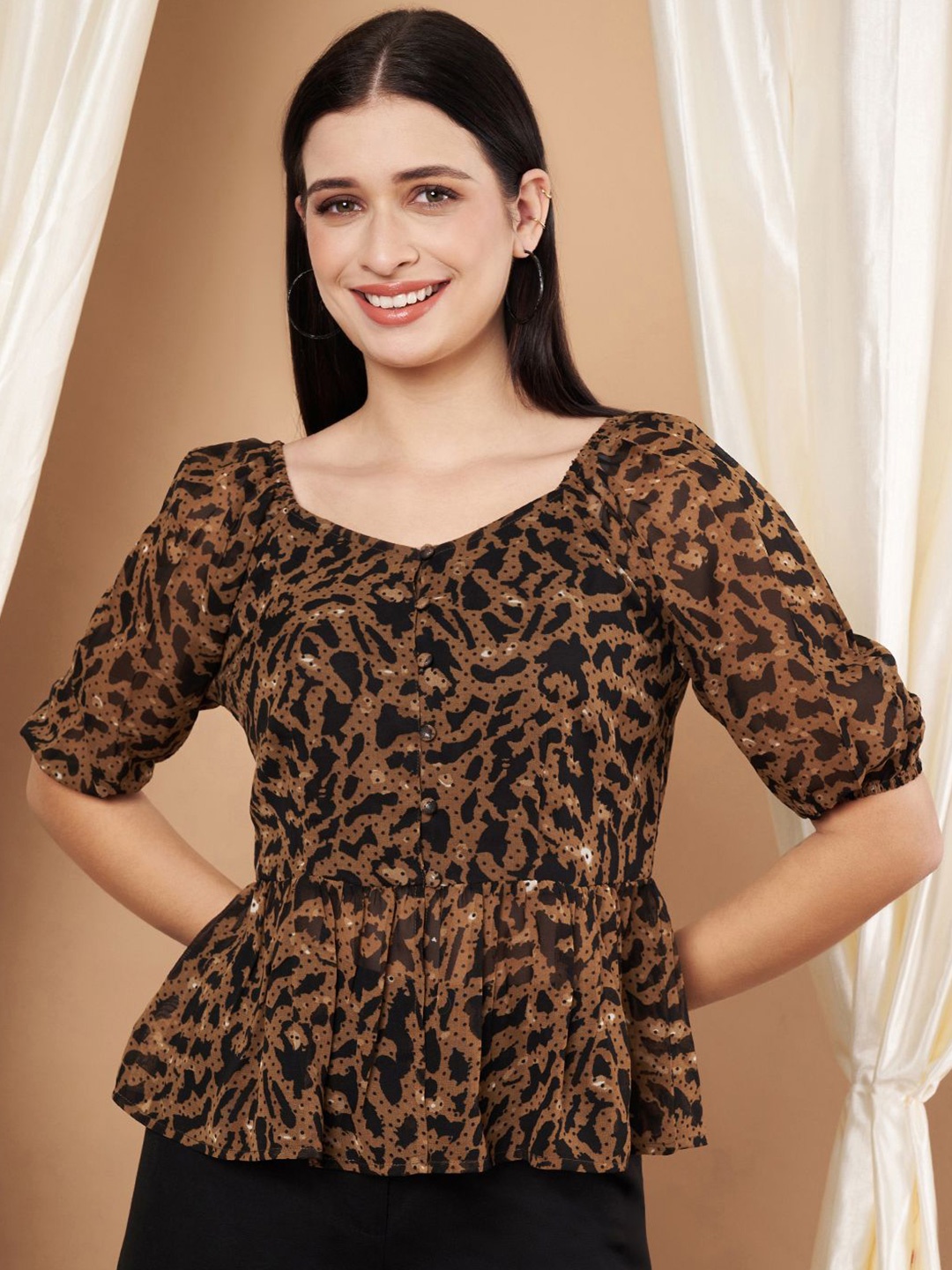 

Moda Rapido Women Animal Printed Peplum Top, Brown