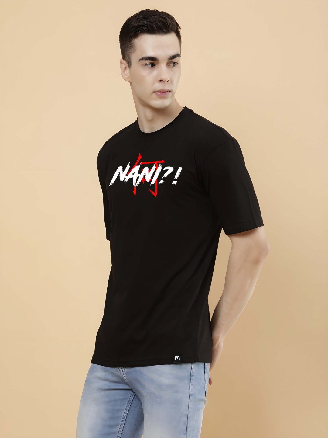 

Krimmple Men Typography Printed Round Neck Cotton Oversized T-shirt, Black