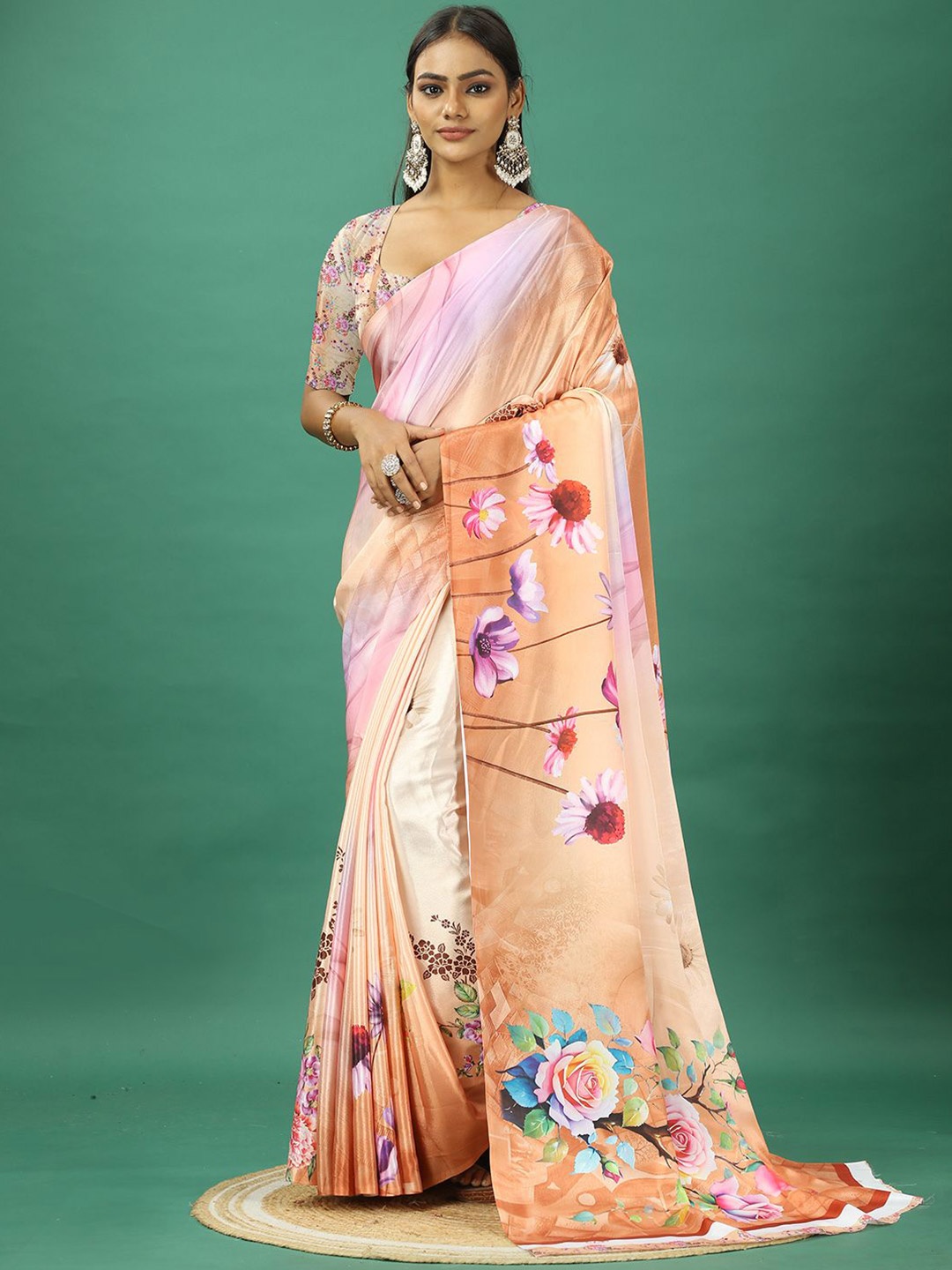 

A.V.M. SILK MILLS Floral Printed Pure Crepe Saree, Peach