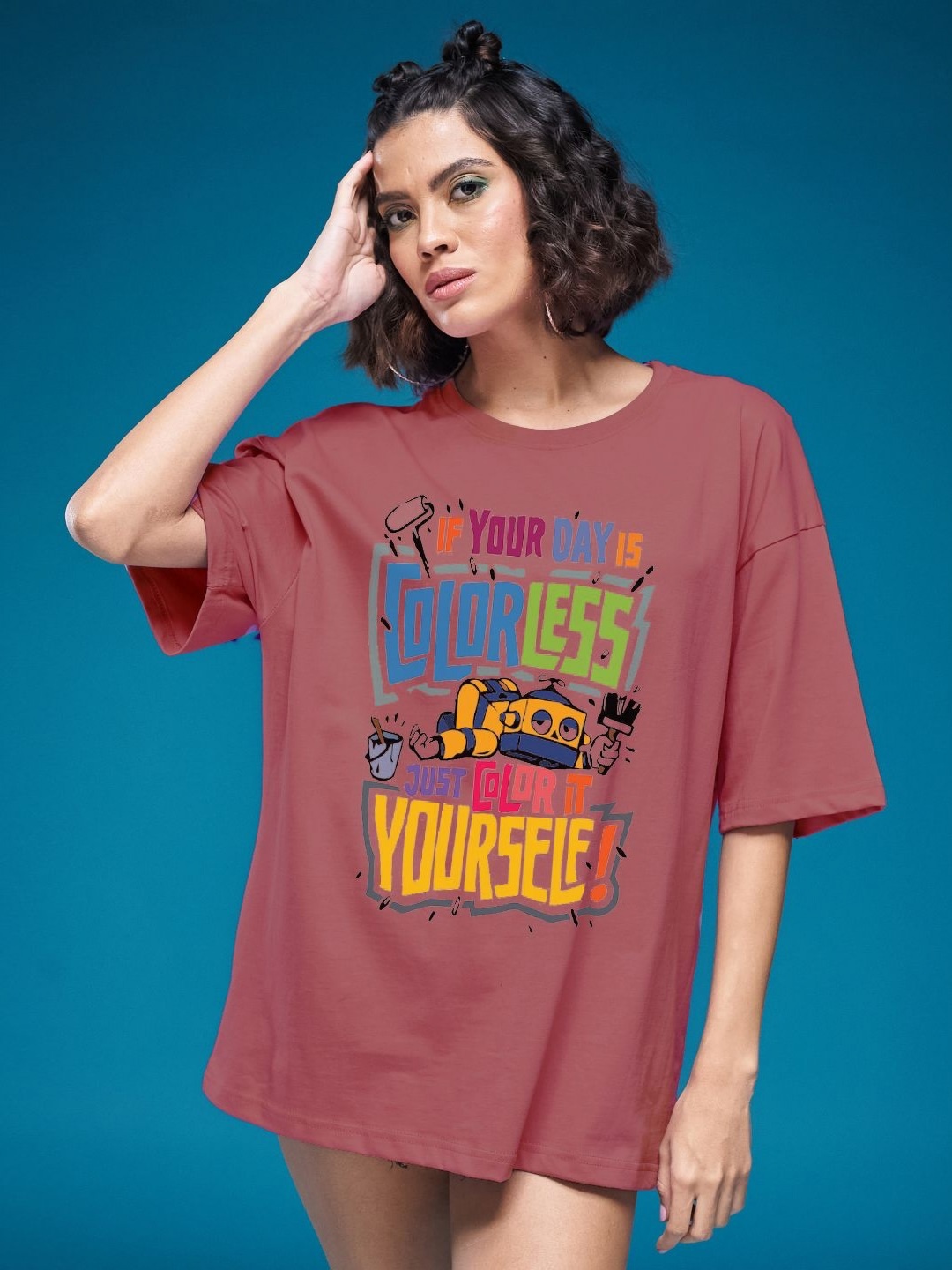 

SMARTEES Women Typography Printed Round Neck Cotton Oversized T-shirt, Pink