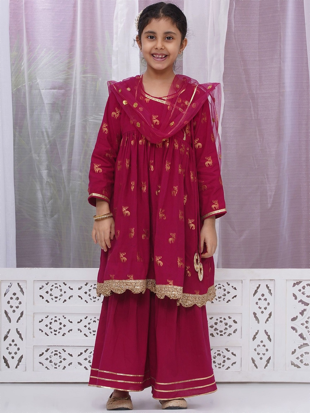 

Little Bansi Girls Animal Printed Angrakha Pure Cotton A-line Kurta with Sharara & Dupatta, Red