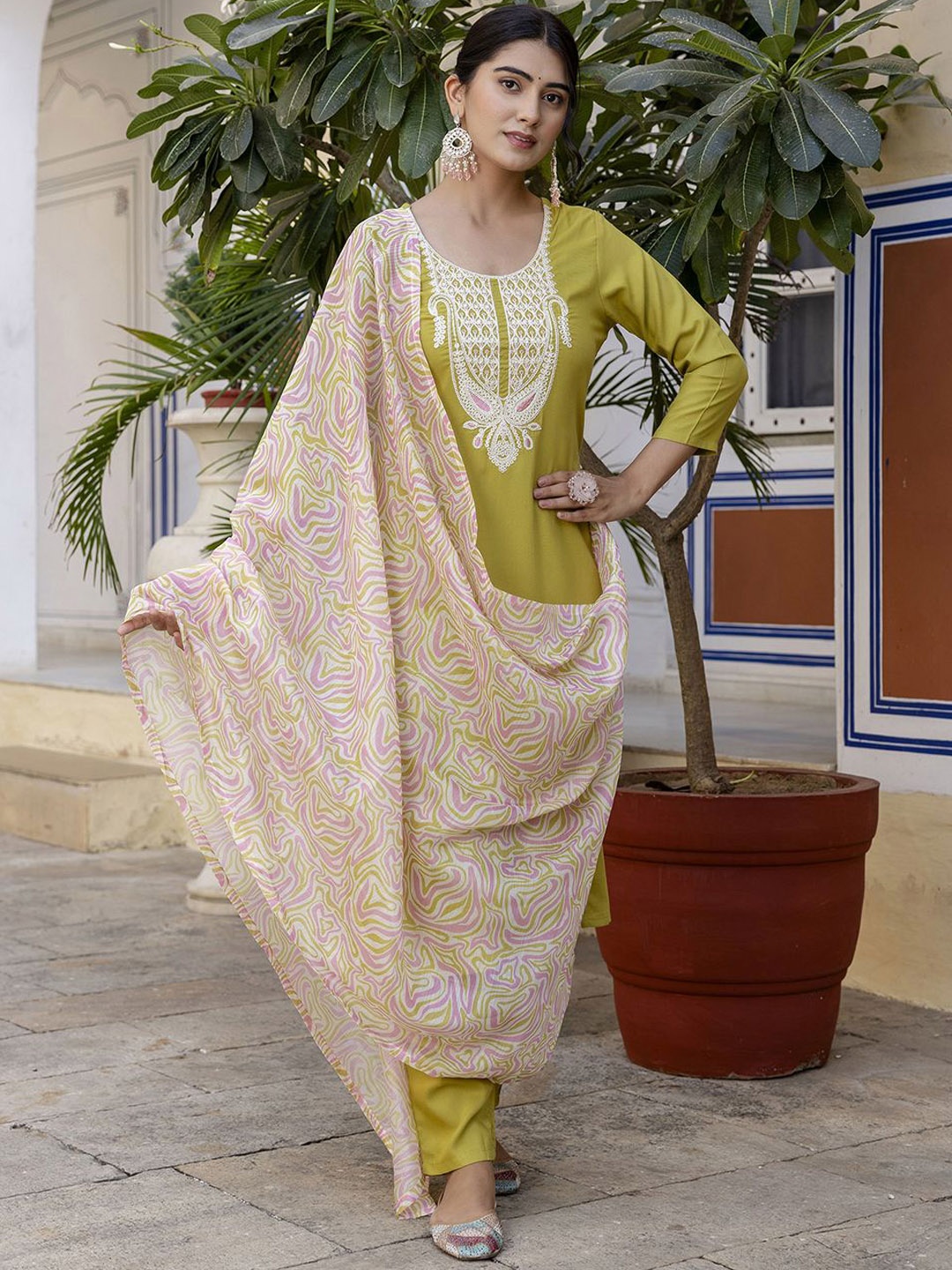 

Navlik Ethnic Motifs Embroidered Thread Work Straight Kurta with Trousers And Dupatta, Lime green