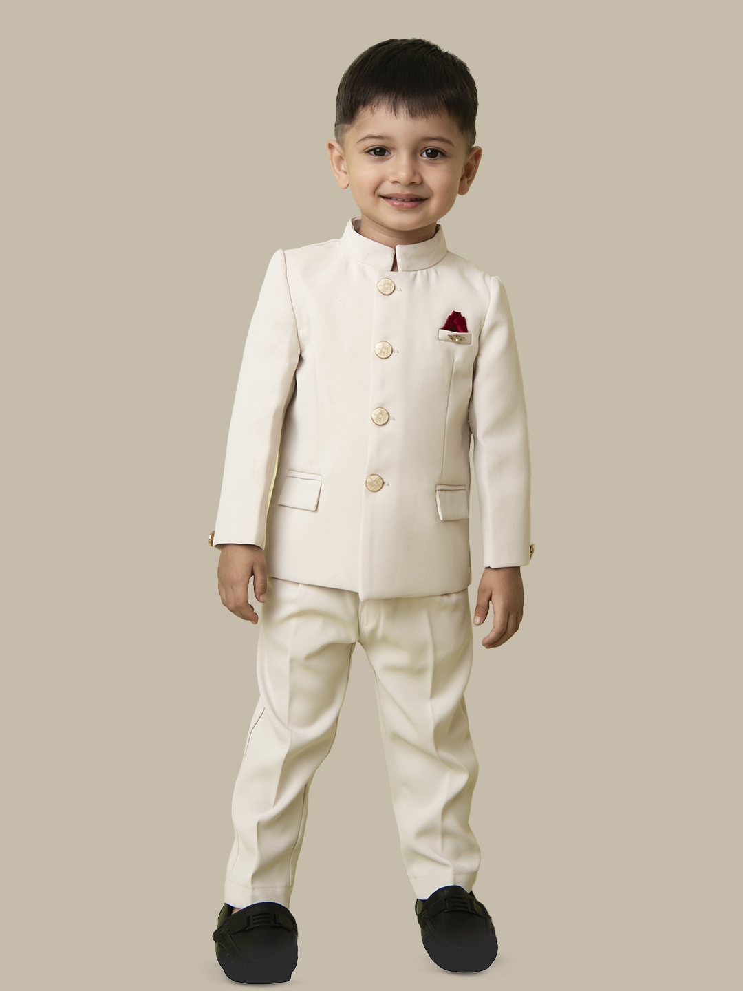 

LITTLE COLLARS Boys Mandarin Collar Jodhpuri Bandhgala 2-Piece Suit, Cream