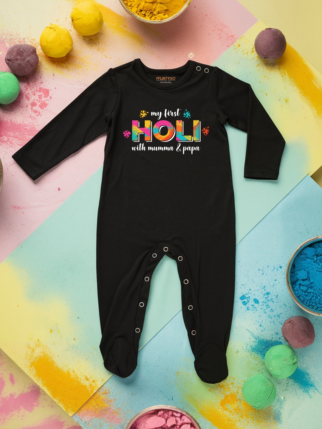 

FFLIRTYGO Infants Holi Printed Cotton Sleepsuit, Black
