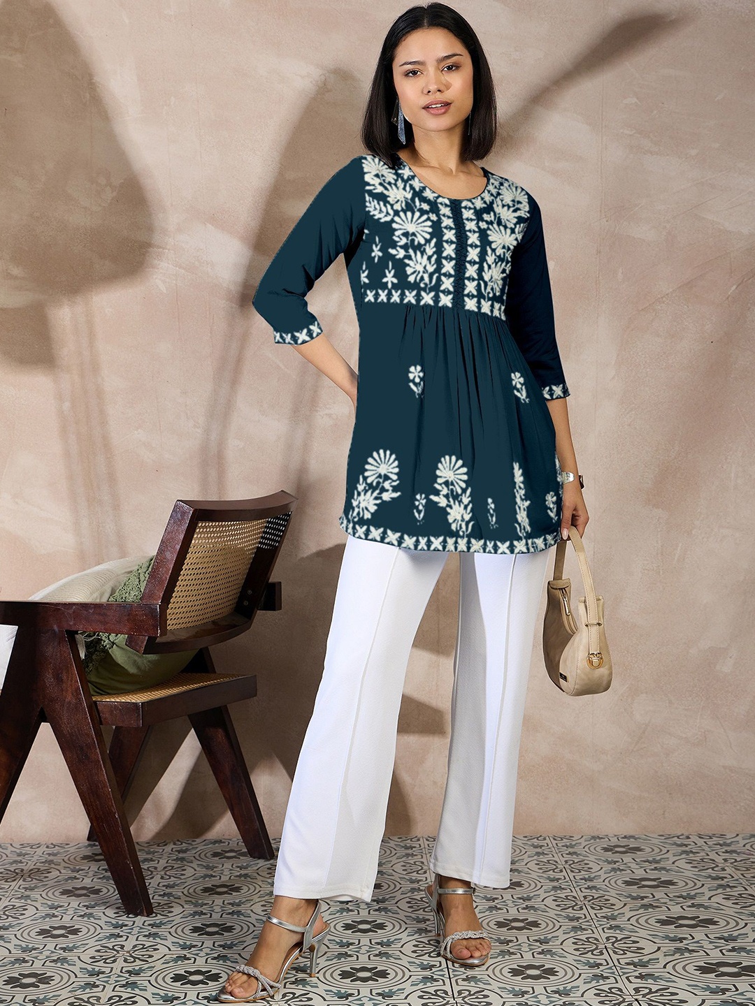 

all about you Women Chikankari Embroidered A-Line Top, Teal