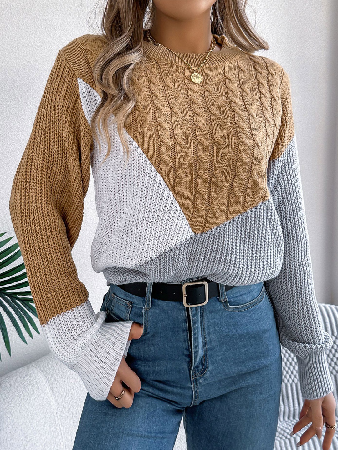 

StyleCast x Revolte Women Colourblocked Pullover Sweaters, Khaki