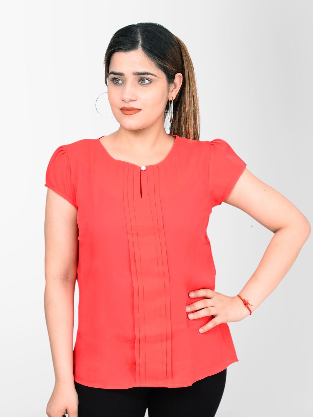 

DELIS Keyhole Neck Monochrome Georgette Blouson Top, Coral