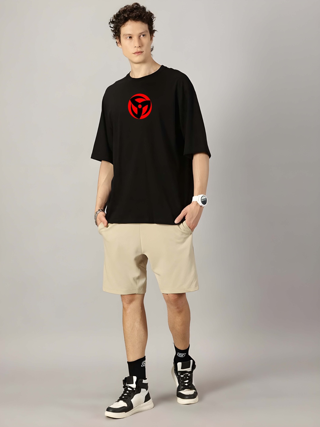 

Krimmple Men Drop-Shoulder Sleeves Pure Cotton T-shirt, Black
