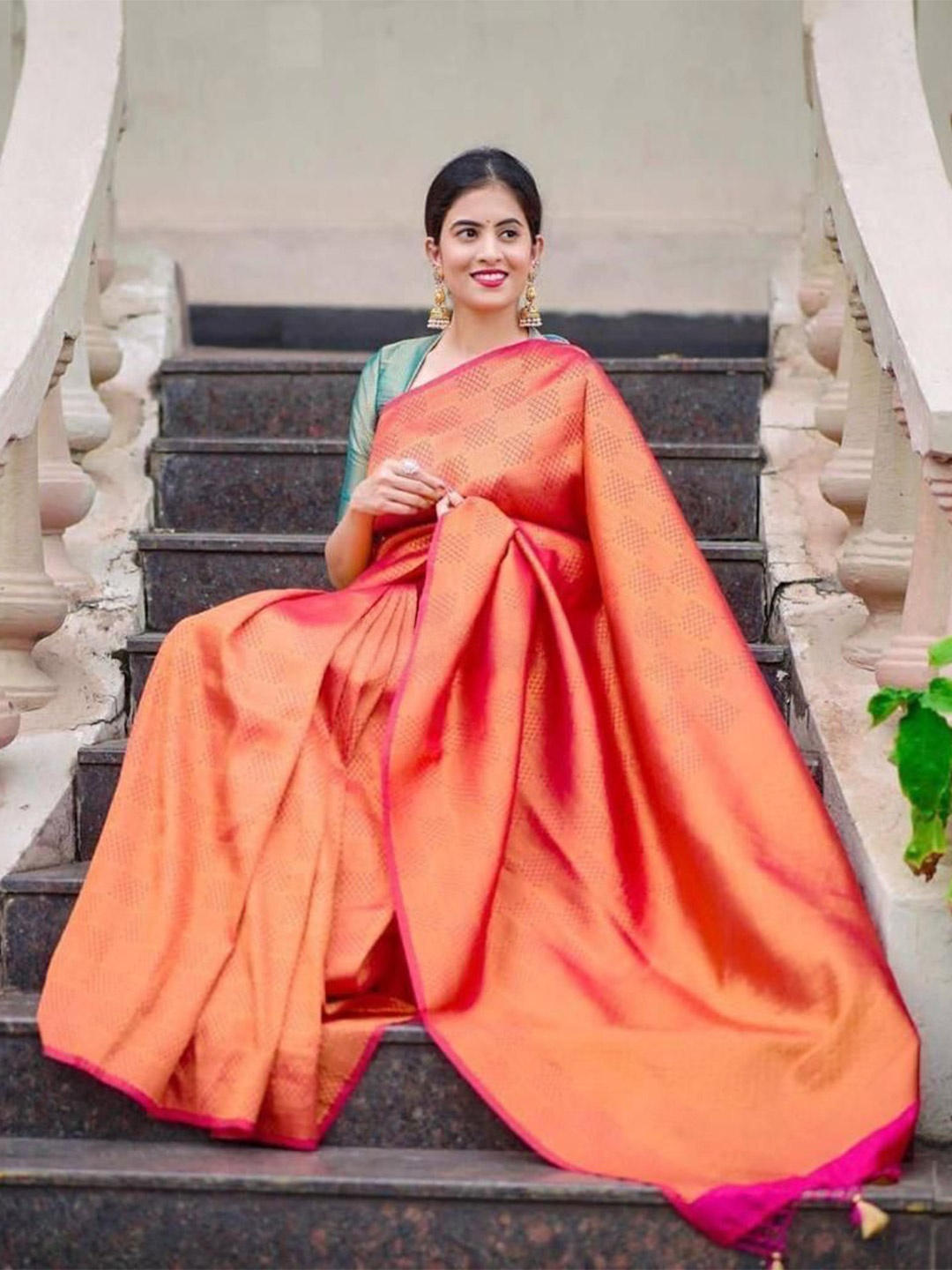 

bansari textiles Woven Design Zari Pure Silk Kanjeevaram Saree, Orange