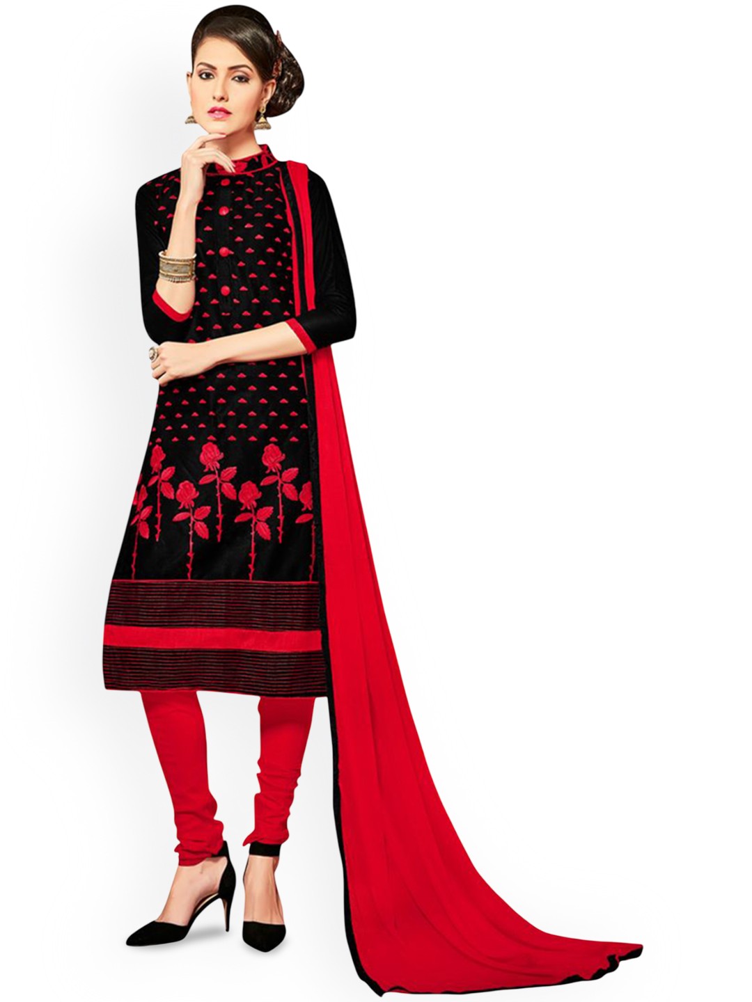 

HERE&NOW Floral Embroidered Unstitched Dress Material, Black