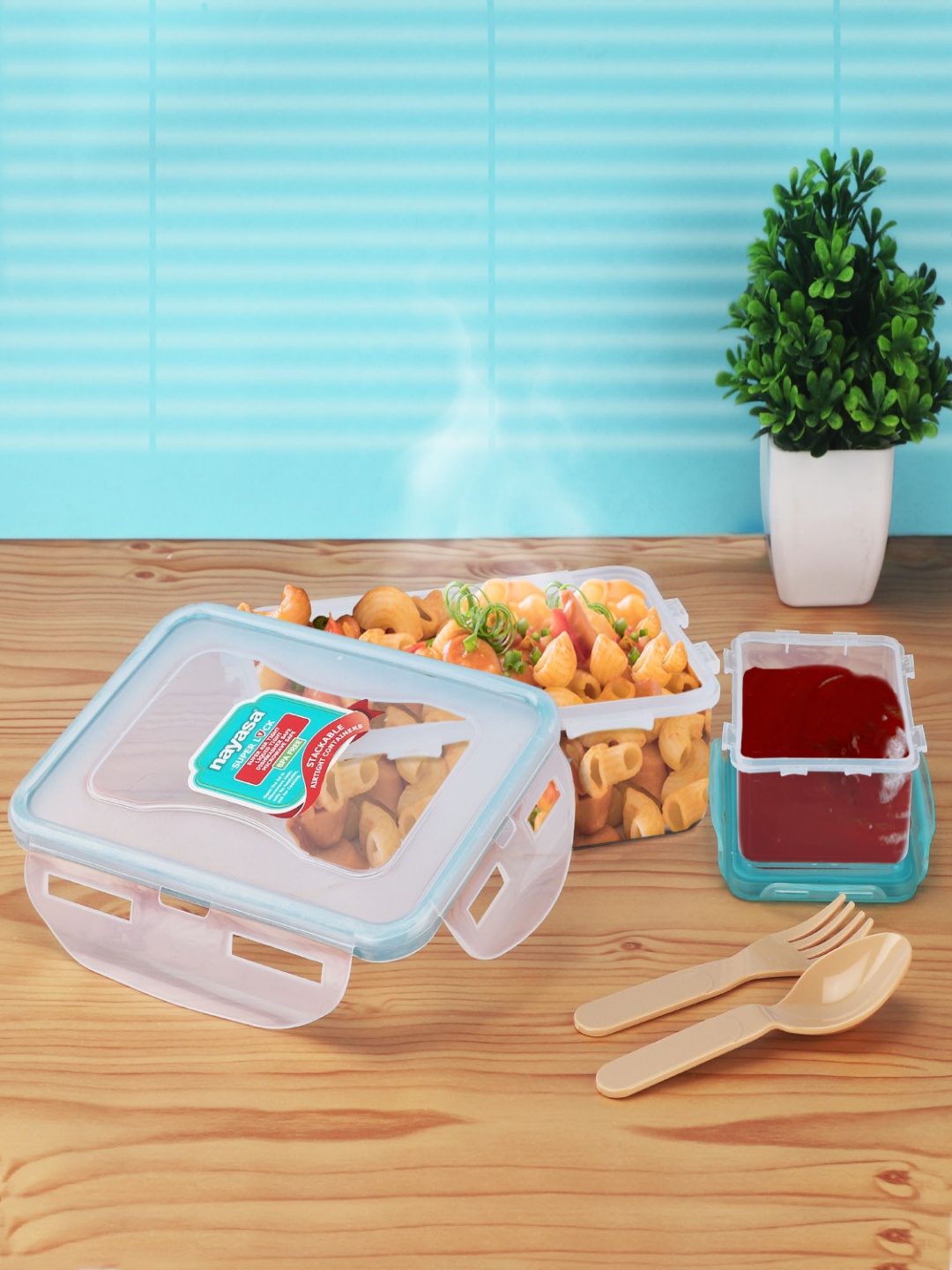 

Nayasa Super Lock Transparent & Blue 2 Pieces Airtight Lunch Box With Spoon & Fork