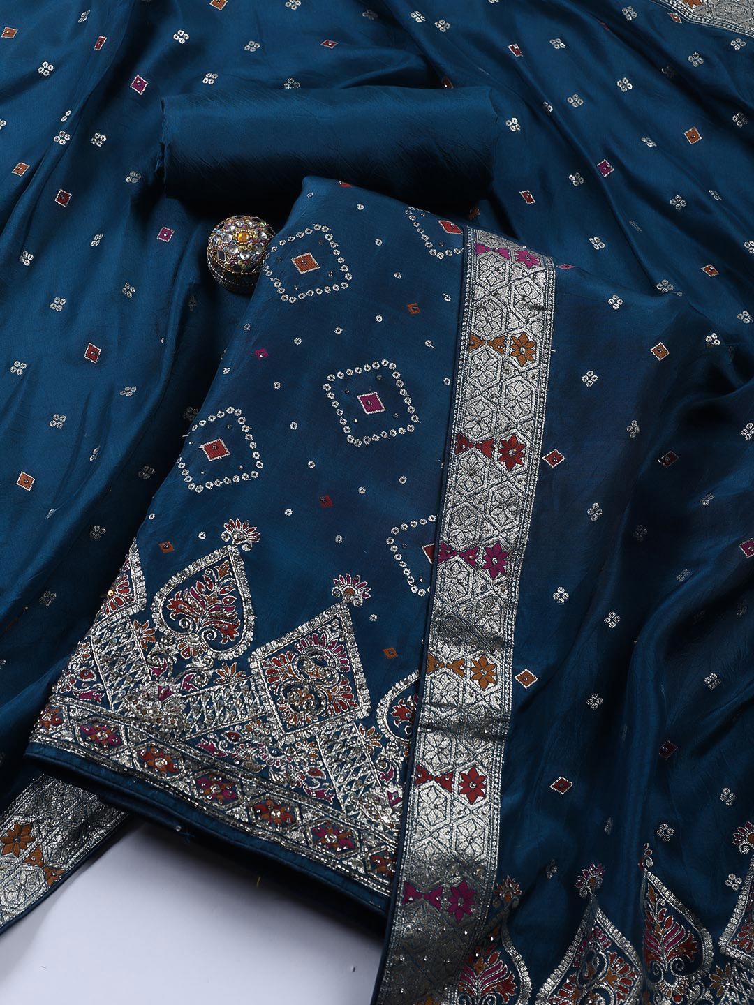 

Meena Bazaar Bandhani Woven Design Unstitched Dress Material, Teal