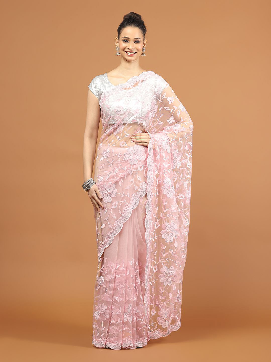 

Meena Bazaar Embellished Net Saree, Pink