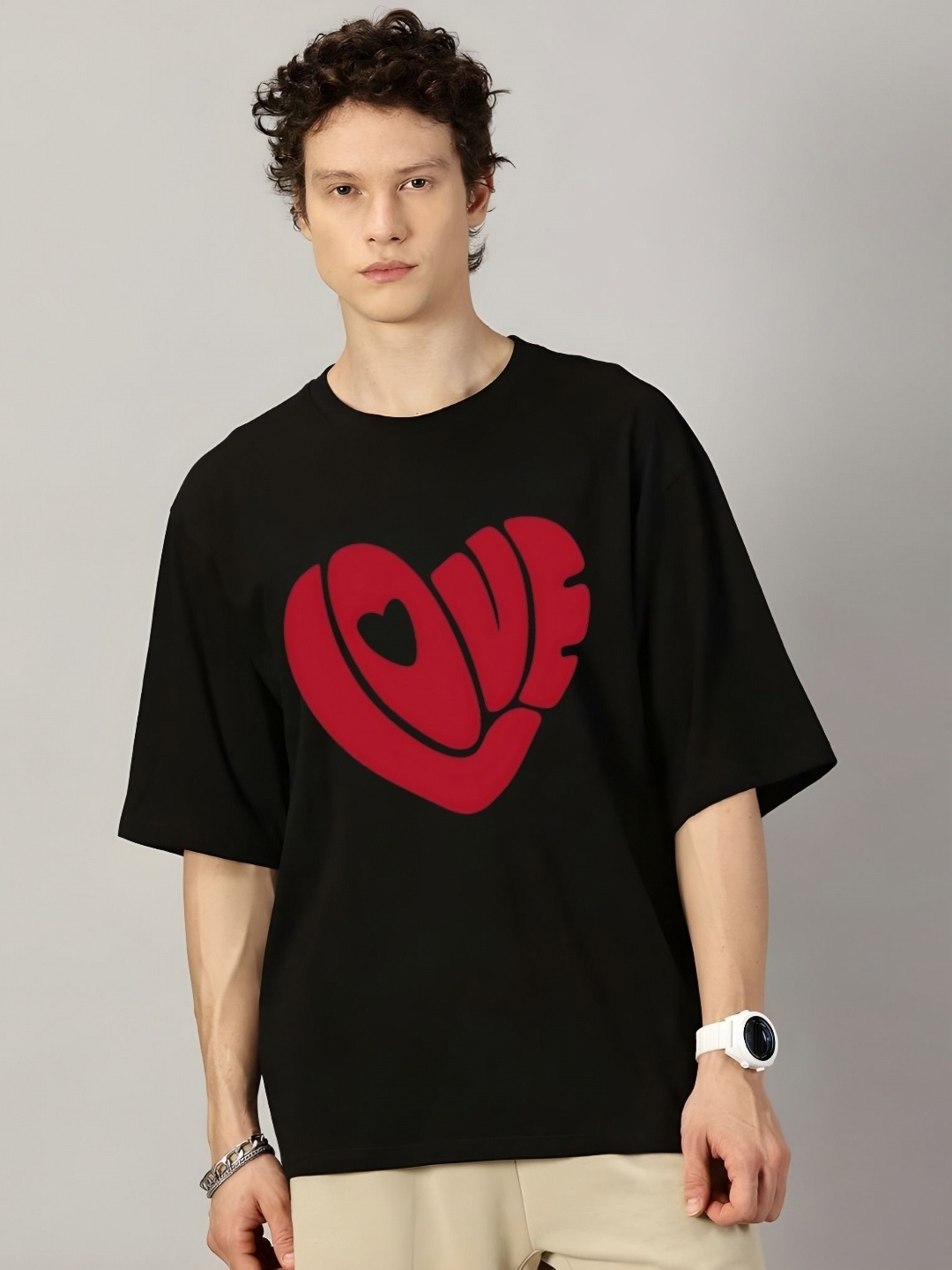 

Krimmple Men Typography Printed Round Neck Cotton Oversized T-shirt, Black
