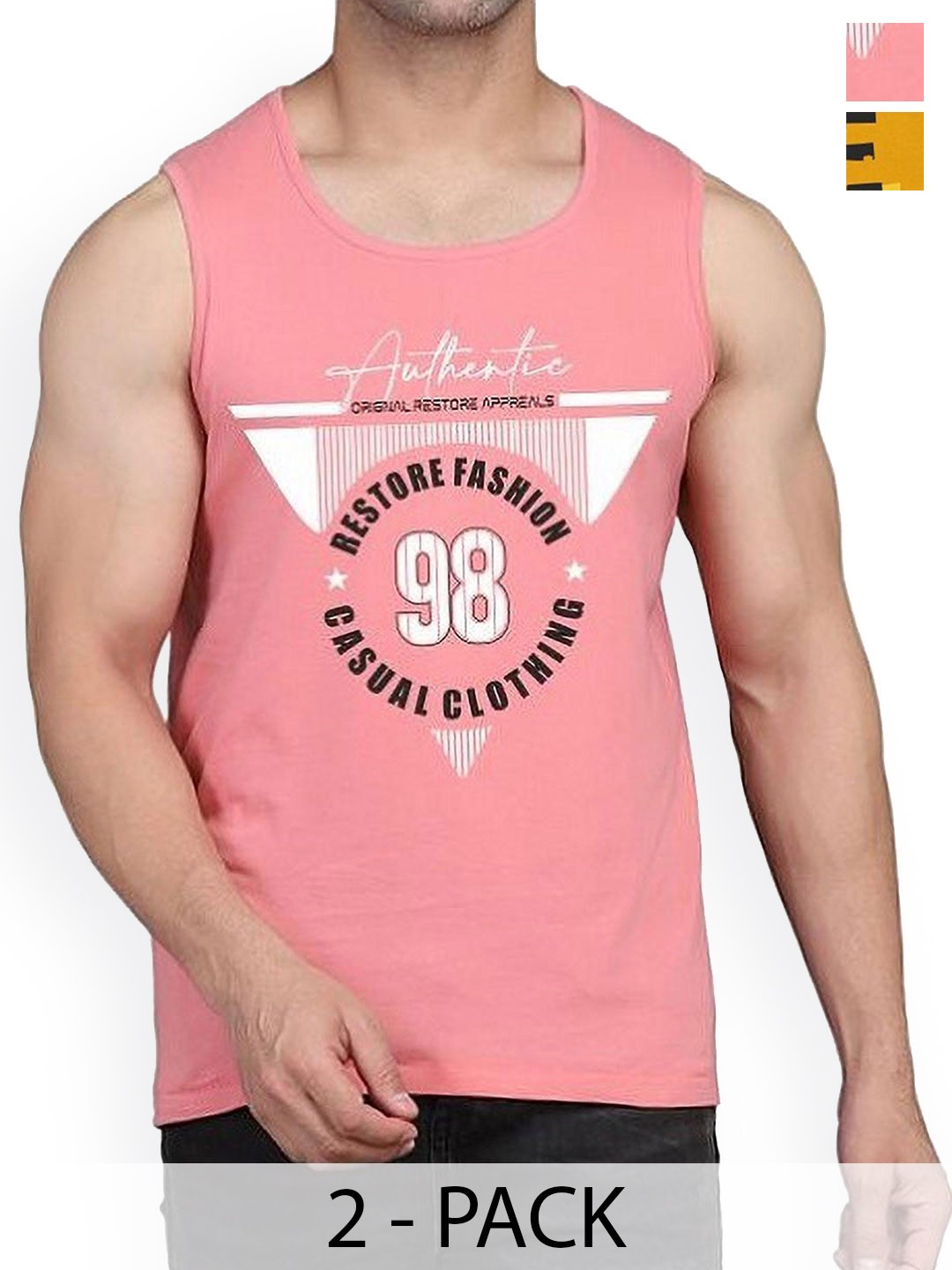

WOOSTRO Men Pack Of 2 Printed Combed Cotton Innerwear Gym Vests, Pink