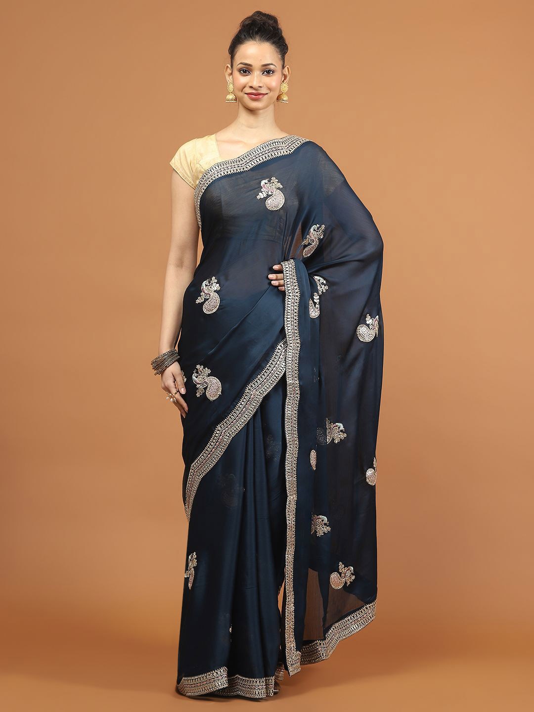 

Meena Bazaar Paisley Embroidered Saree, Blue
