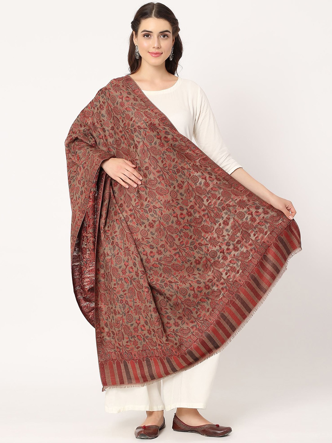 

Moda Chales Floral Woven Design Woollen Shawl, Brown