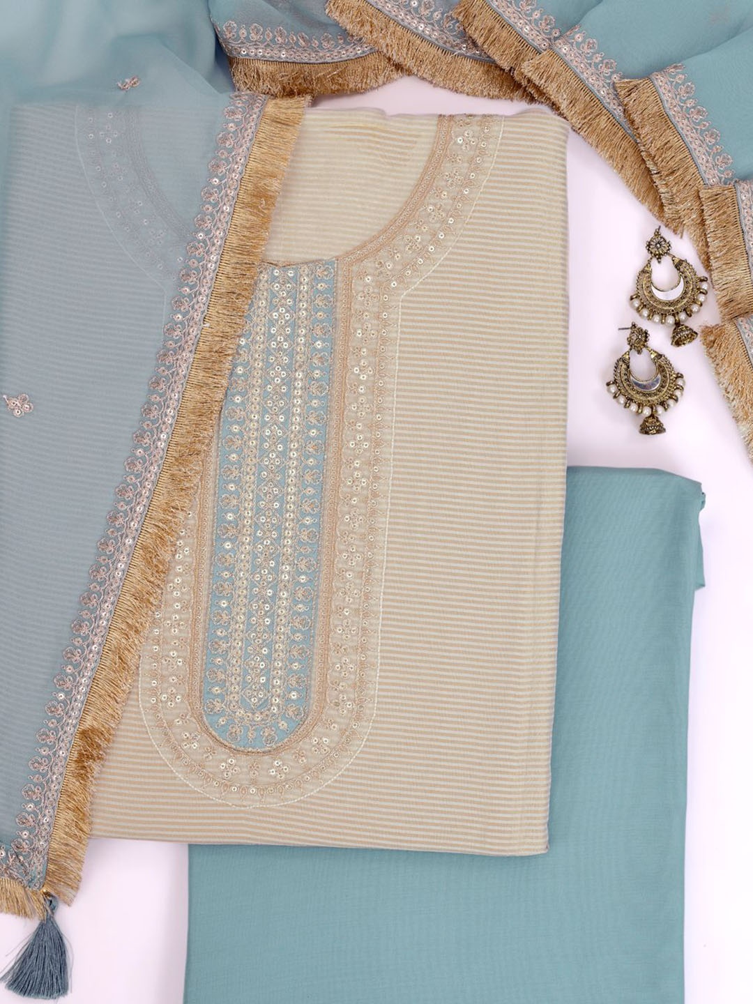

KULEESH Floral Embellished Zari Work Semi-Stitched Dress Material, Cream
