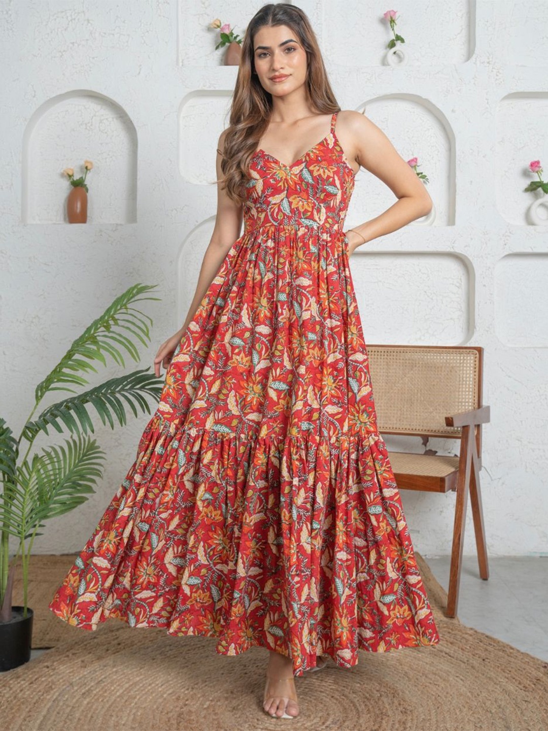 

KAJODI Floral Printed Cotton Maxi Dress, Red