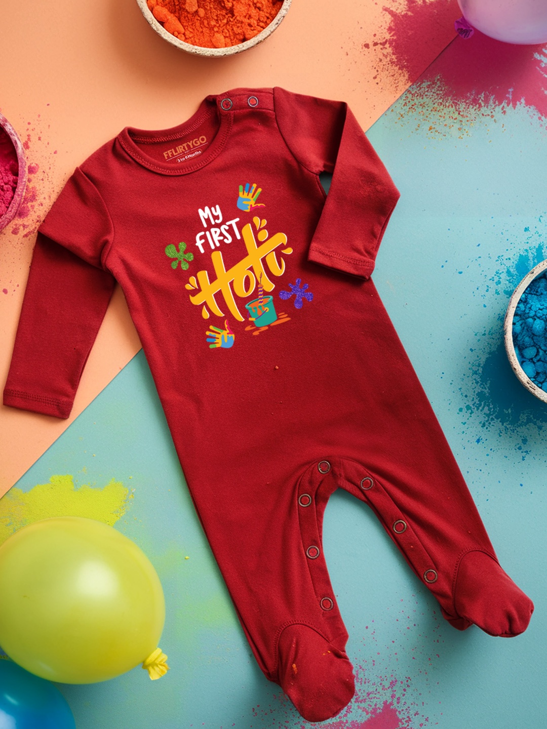 

FFLIRTYGO Infants Holi Printed Pure Cotton Sleepsuit, Red