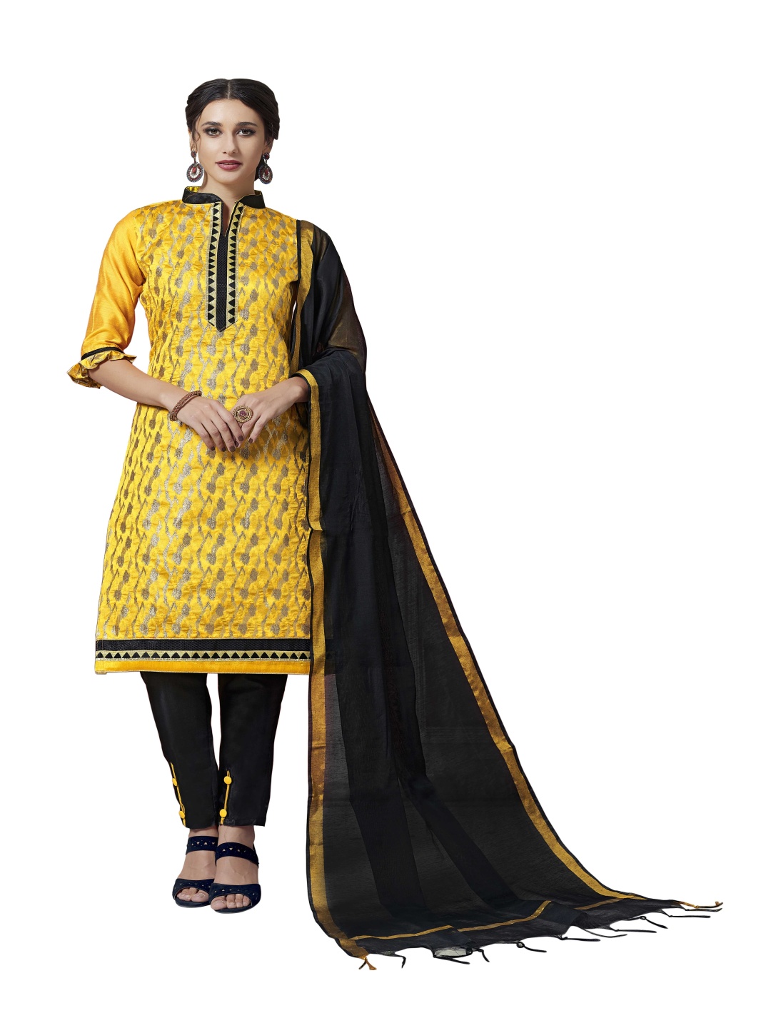 

HERE&NOW Geometric Woven Design Banarasi Silk Unstitched Dress Material, Yellow