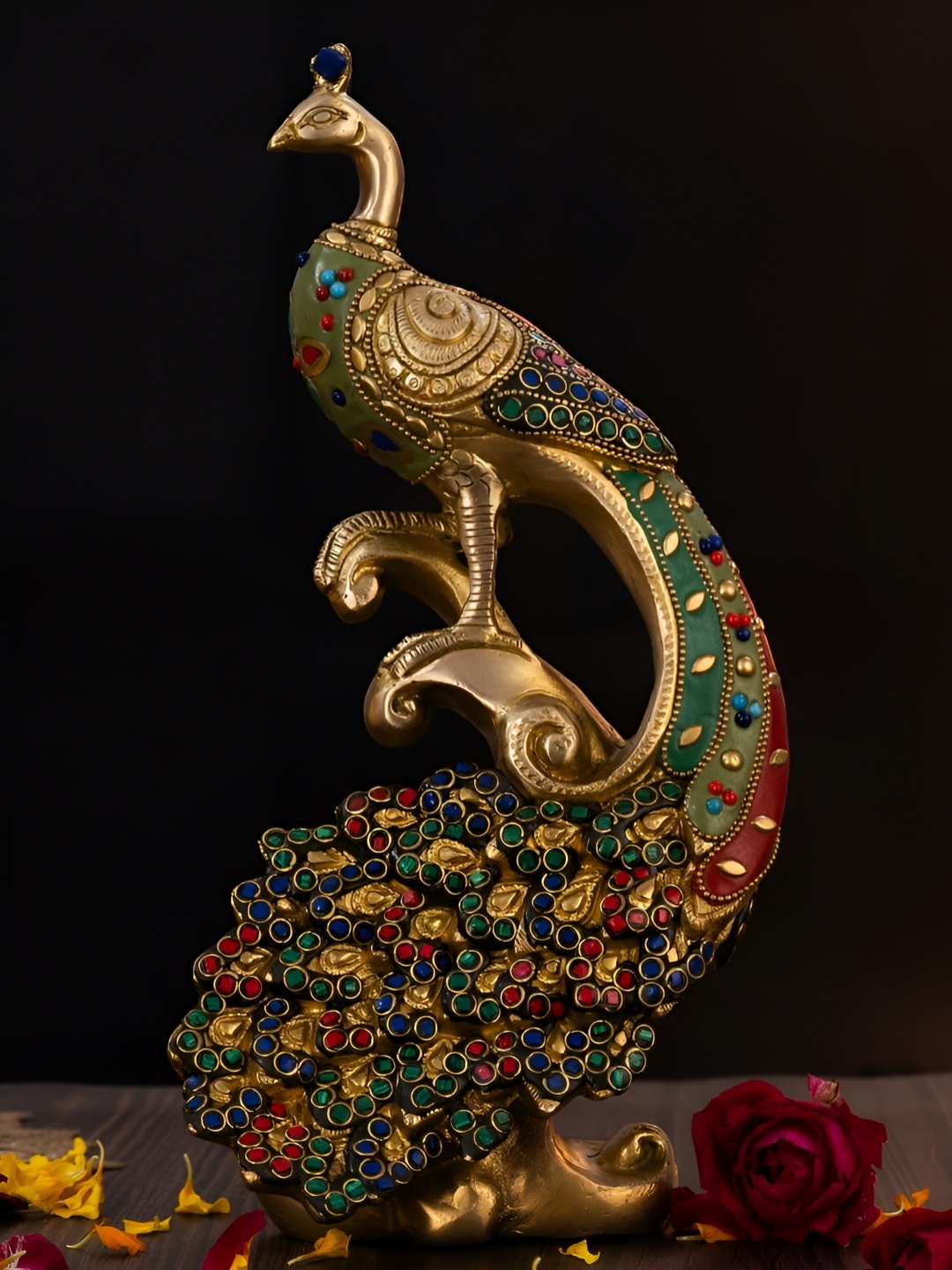 

The Advitya Gold-Toned And Green Peacock Birds and Animals Figurine Showpiece