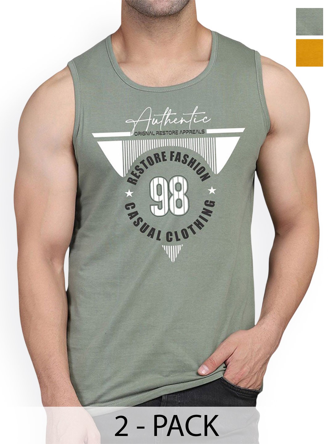 

WOOSTRO Pack Of 2 Printed Combed Cotton Gym Vest RS26 CMB (MORE MUSTARD) (98 LGTGREEN)