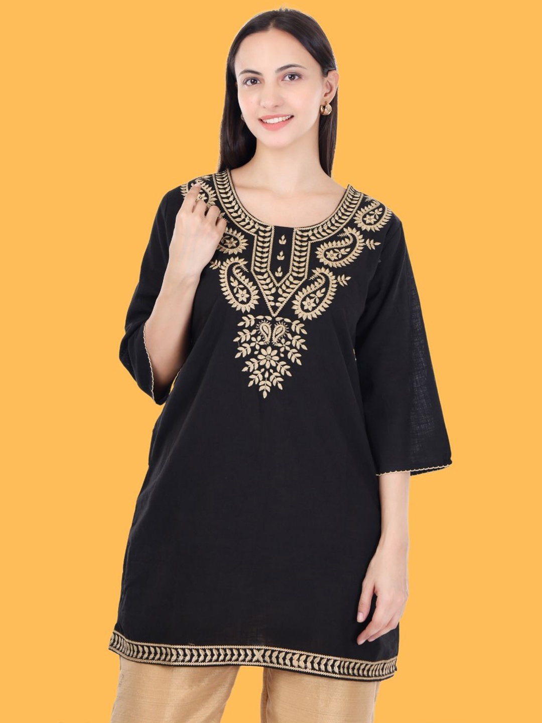 

Moda Rapido Floral Embroidered Flared Sleeves Thread Work Pure Cotton Thread Work Kurti, Black