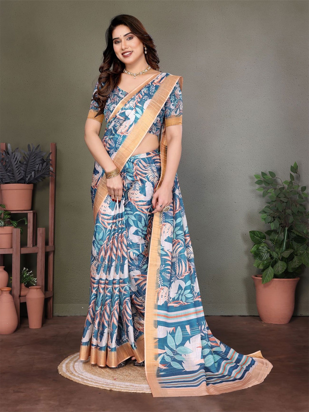 

vj fashion Floral Zari Linen Blend Saree, Turquoise blue