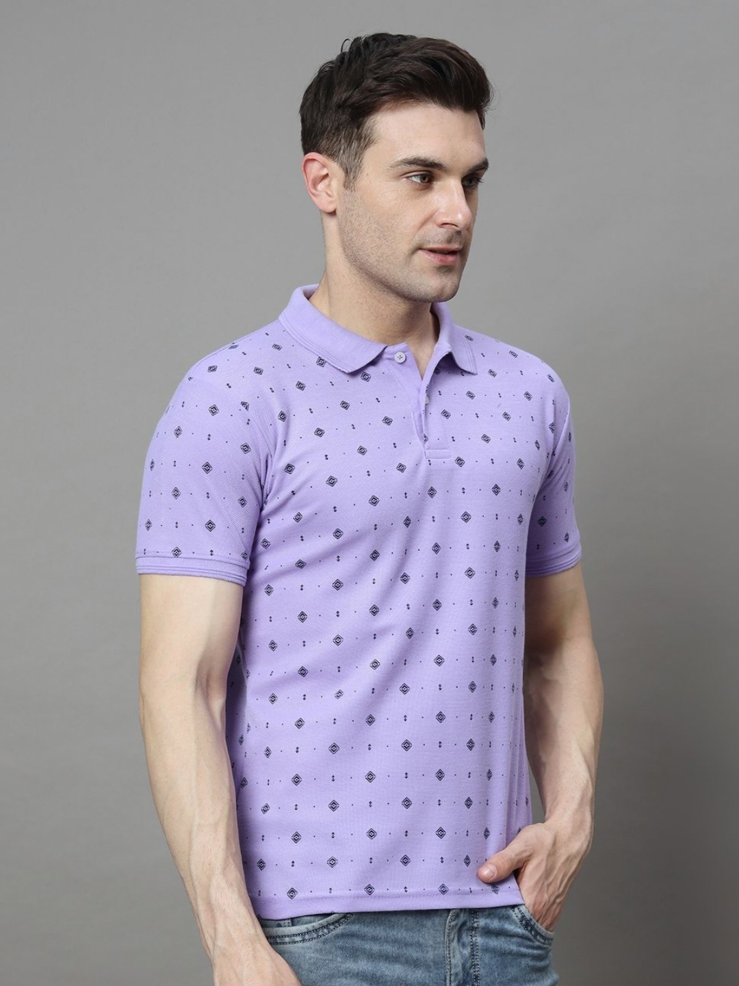 

HUSHBUCKS Men Printed Polo Collar Pockets T-shirt, Lavender