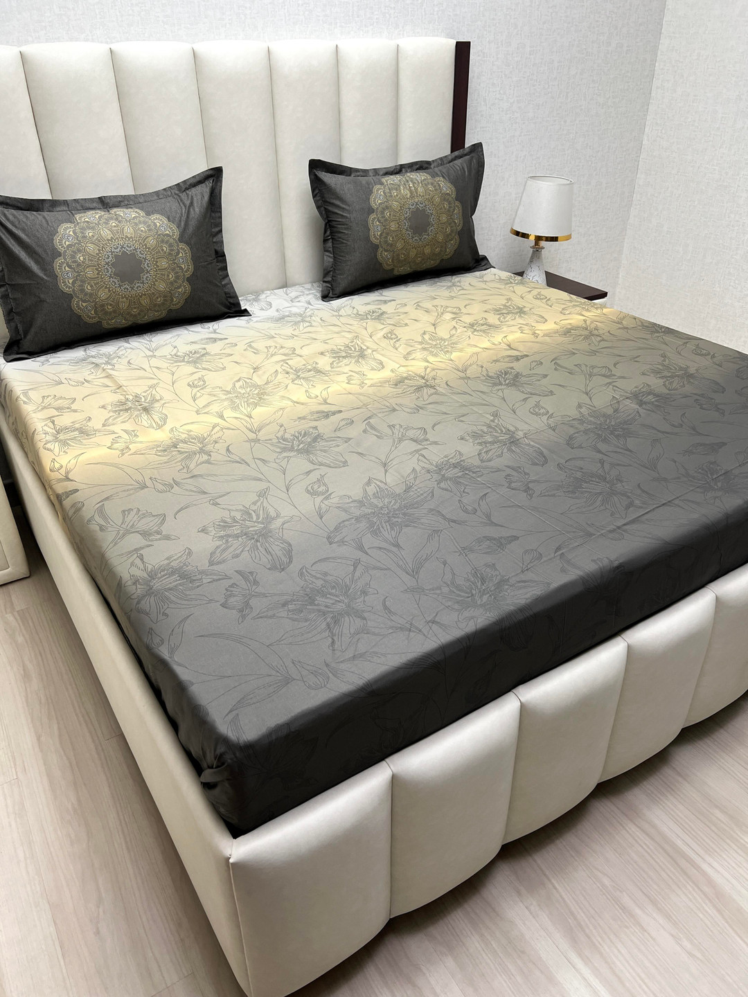 

Pure Decor Royal Majestic Grey Printed Pure Cotton 350 TC King Bedsheet Set 2.74m x 2.74m