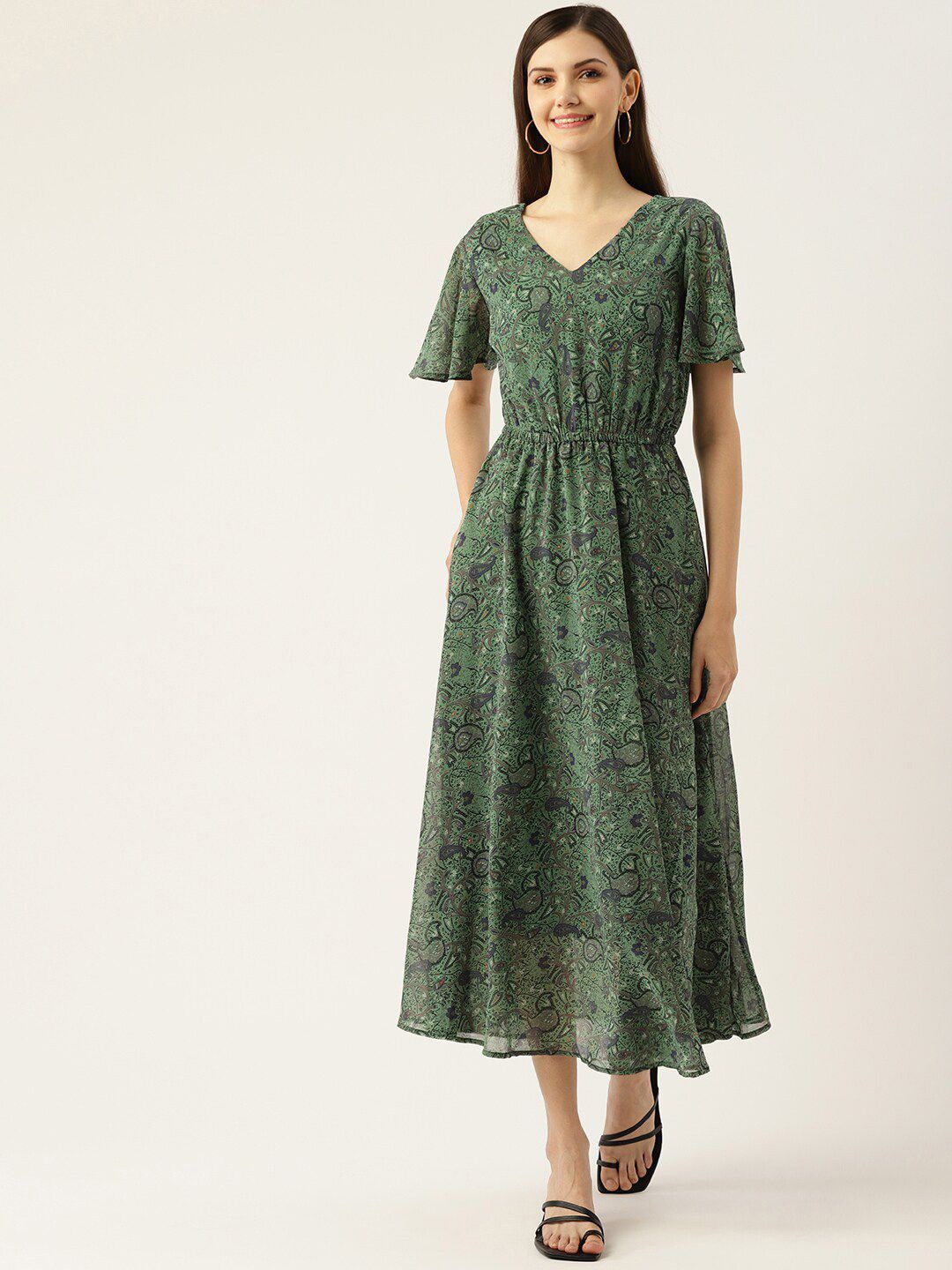 

DressBerry Women Paisley Printed Flared Sleeve Midi Fit & Flare Dress, Green