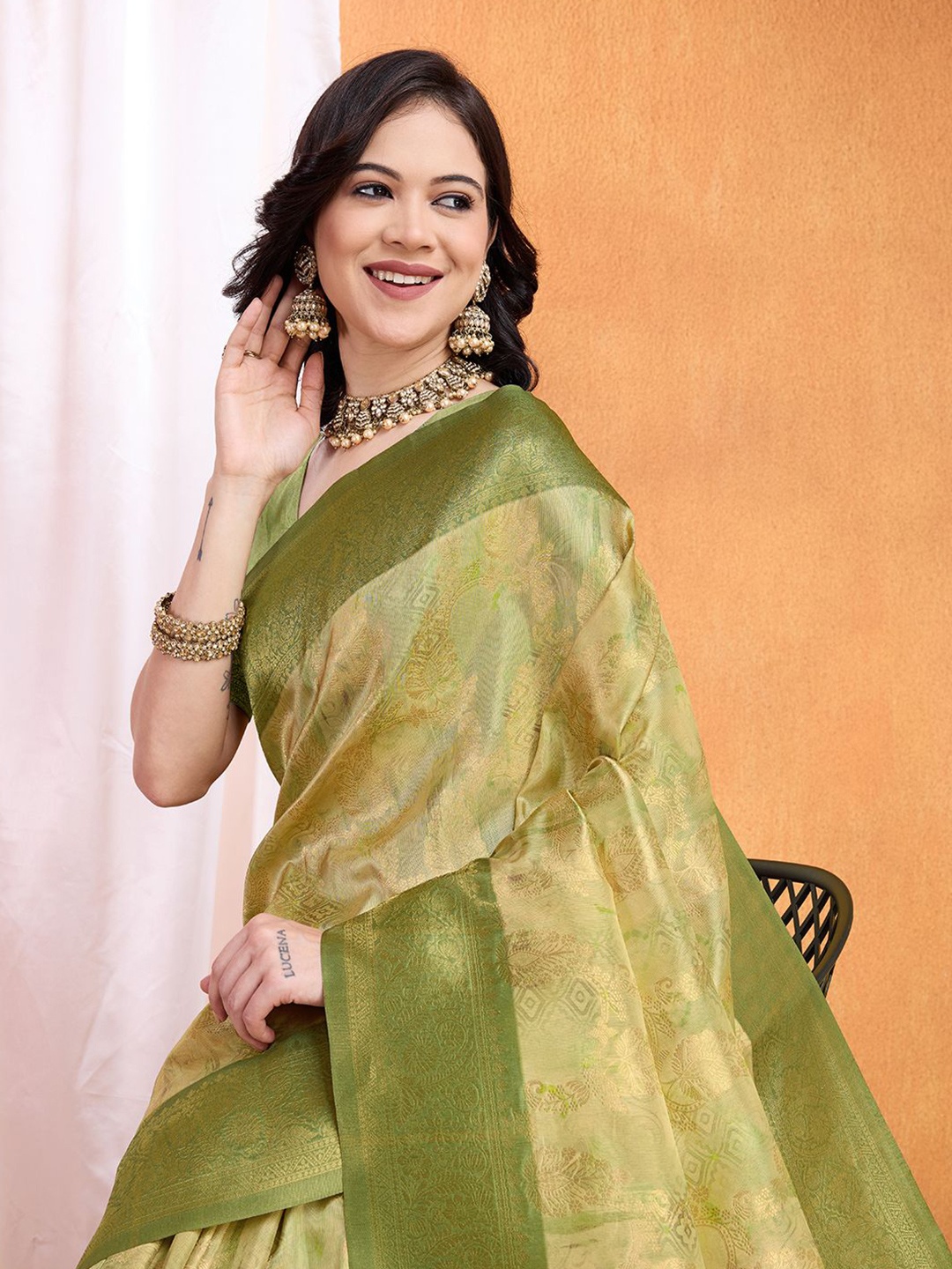 

Ethnielle Woven Design Zari Silk Blend Banarasi Saree, Green