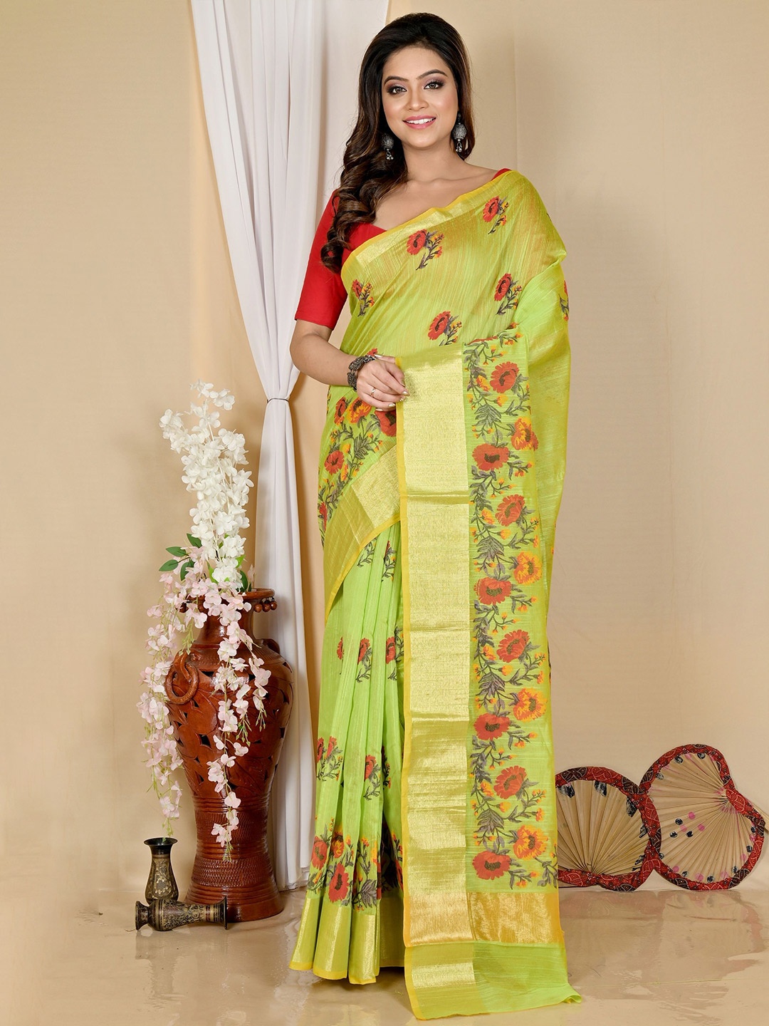 

DipDiya Woven Design Zari Pure Cotton Taant Saree, Green