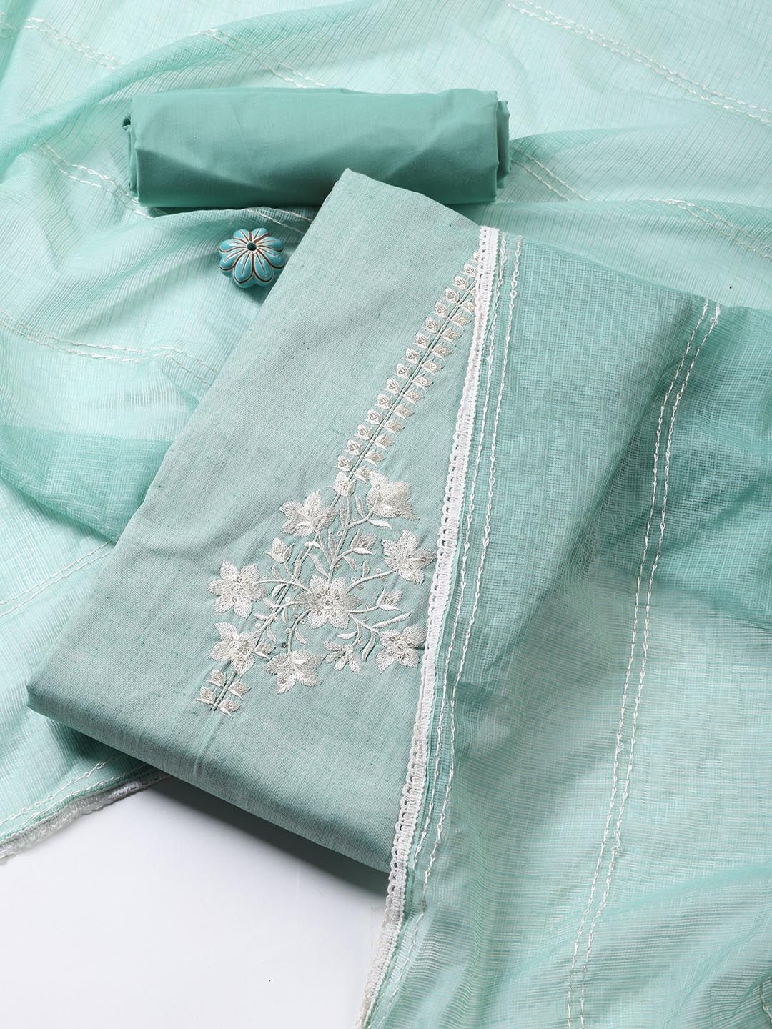 

Meena Bazaar Floral Embroidered Cotton Unstitched Dress Material, Sea green
