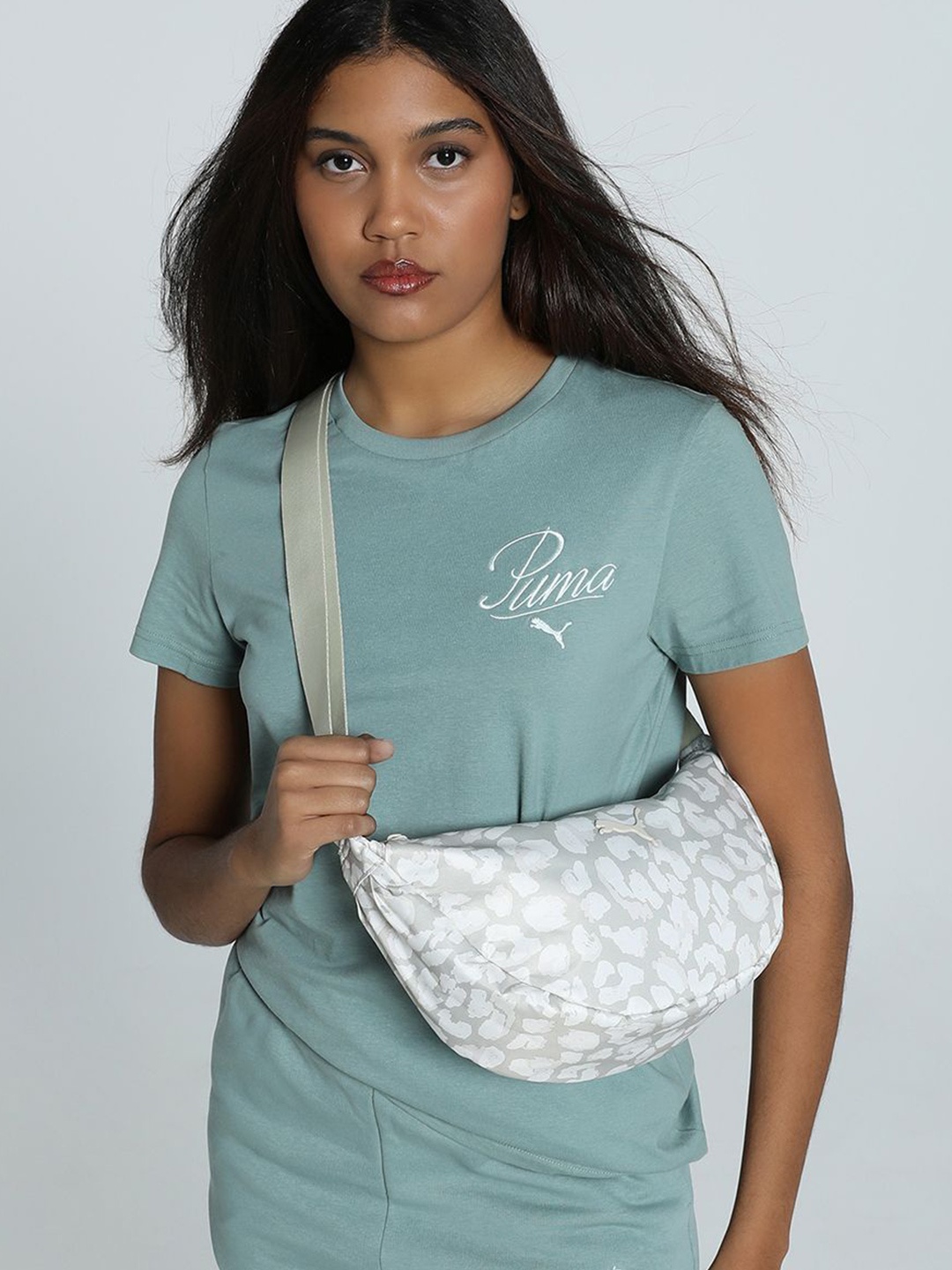 

Puma Women Script Typography Printed Pure Cotton Short Sleeve T-Shirt, Sea green