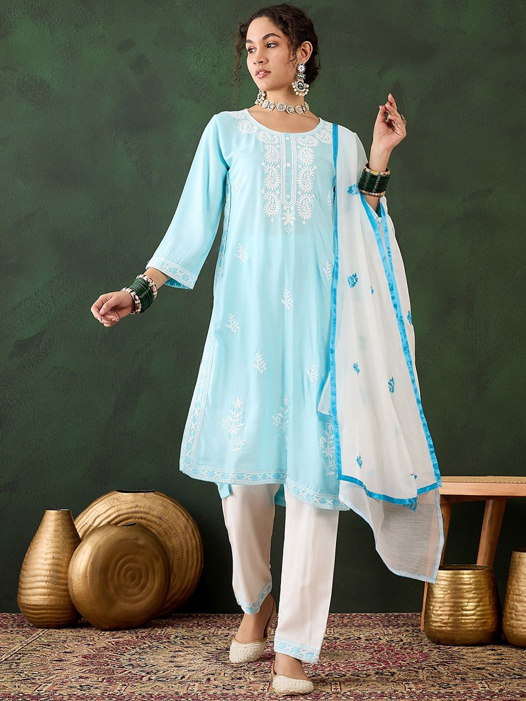 

KIMISHA Paisley Embroidered Chikankari Straight Kurta With Trousers & Dupatta, Blue