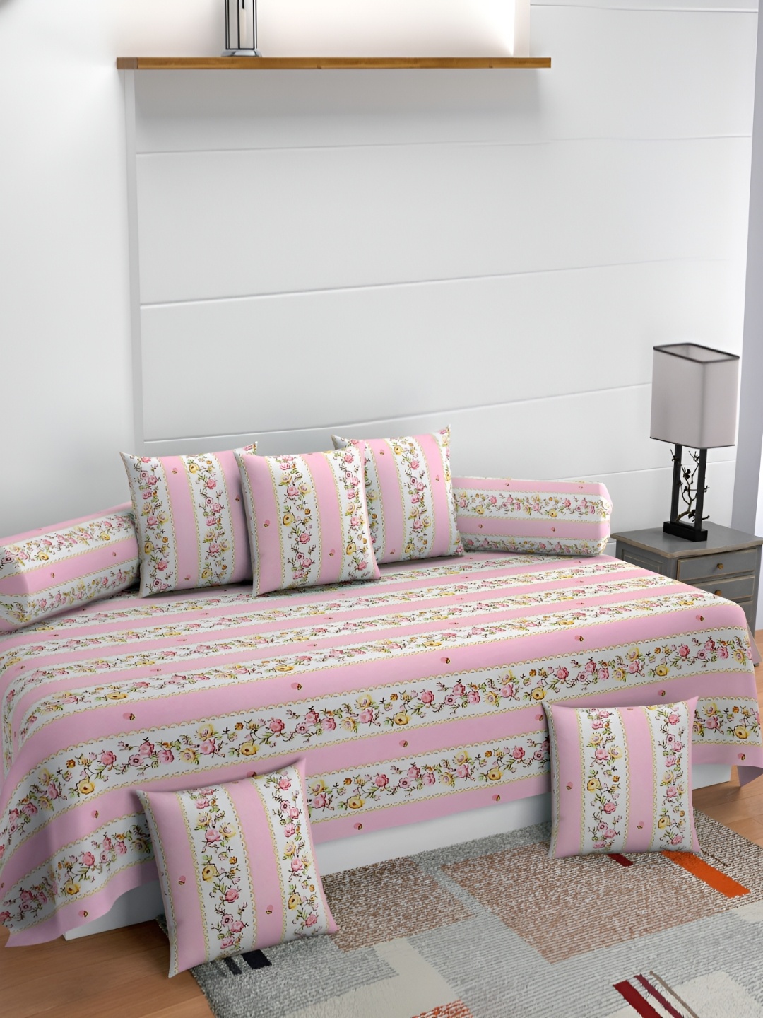 

Jizzby 8-Pcs Pink & White Printed Bed Sheet & 2 Booster With 5 Cushion