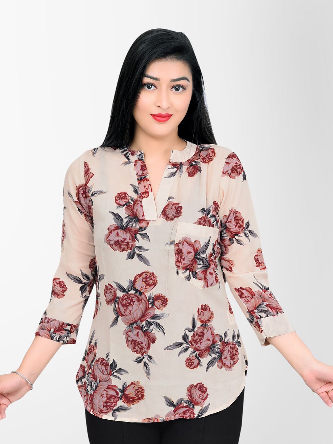 

DELIS Floral Printed Georgette Shirt Style Top, Beige
