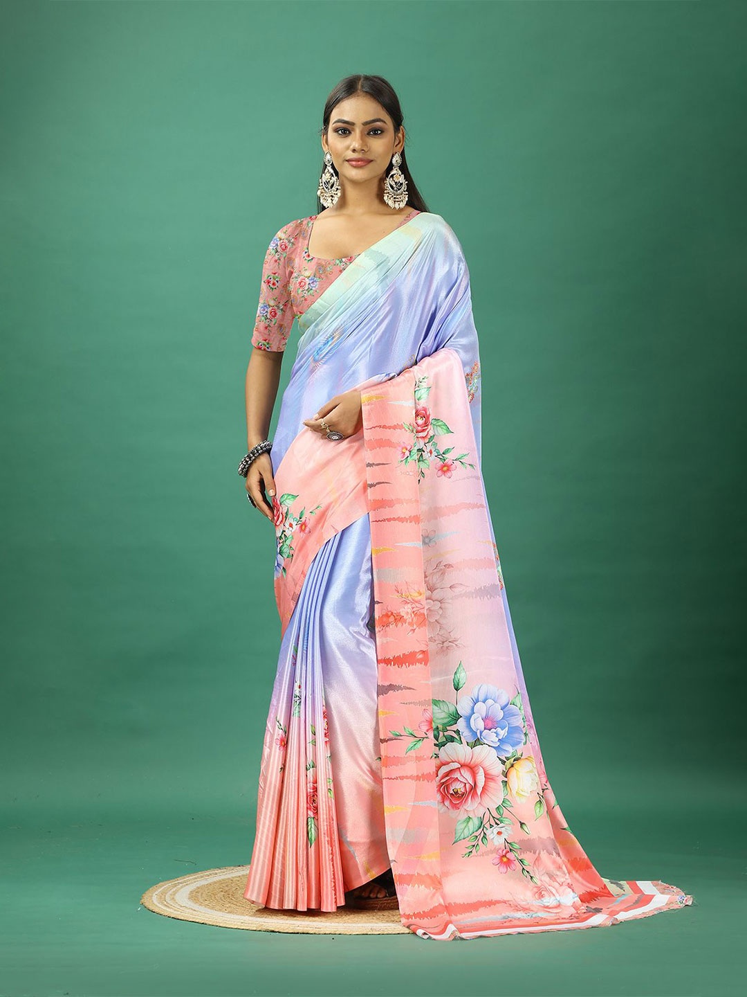 

A.V.M. SILK MILLS Floral Printed Pure Crepe Saree, Blue