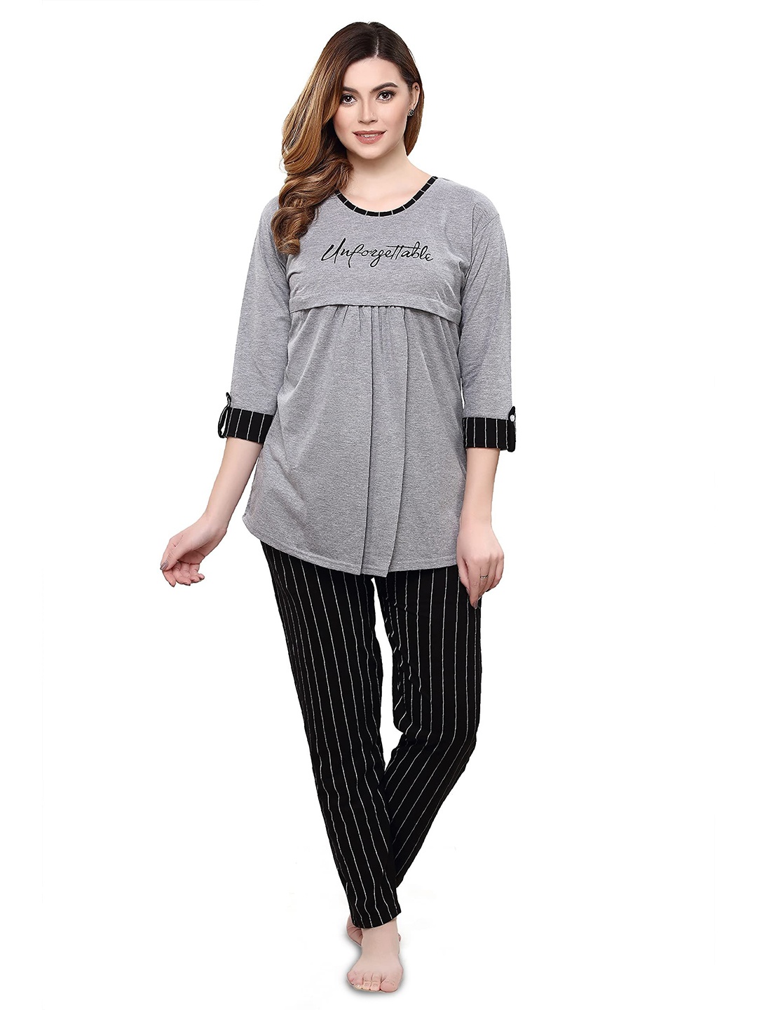 

TIGYWIGY Typography Printed Pure Cotton Maternity Top With Pyjama, Grey