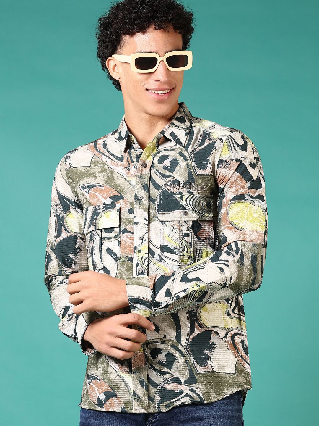 

V-Mart Men Spread Collar Abstract Printed Cotton Casual Shirt, Beige